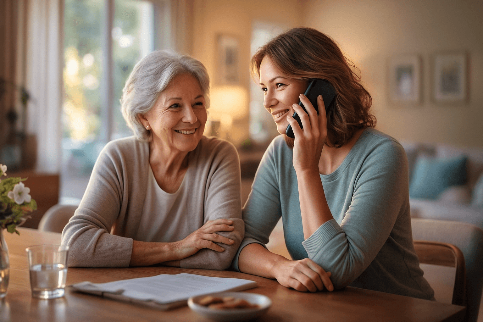 Tochter und pflegebedürftige Mutter im Gespräch – Kontakt zur TANER CARE GRUPPE